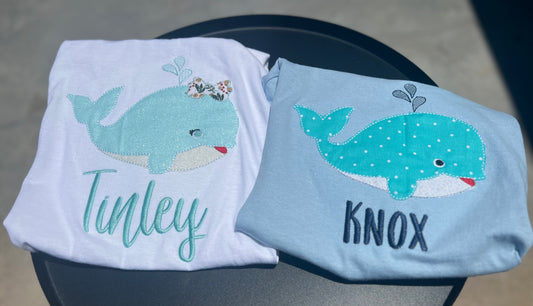 Embroidered Summer Beach Tee Please leave in the comments if you would like the girl whale or boy whale along with childs name
