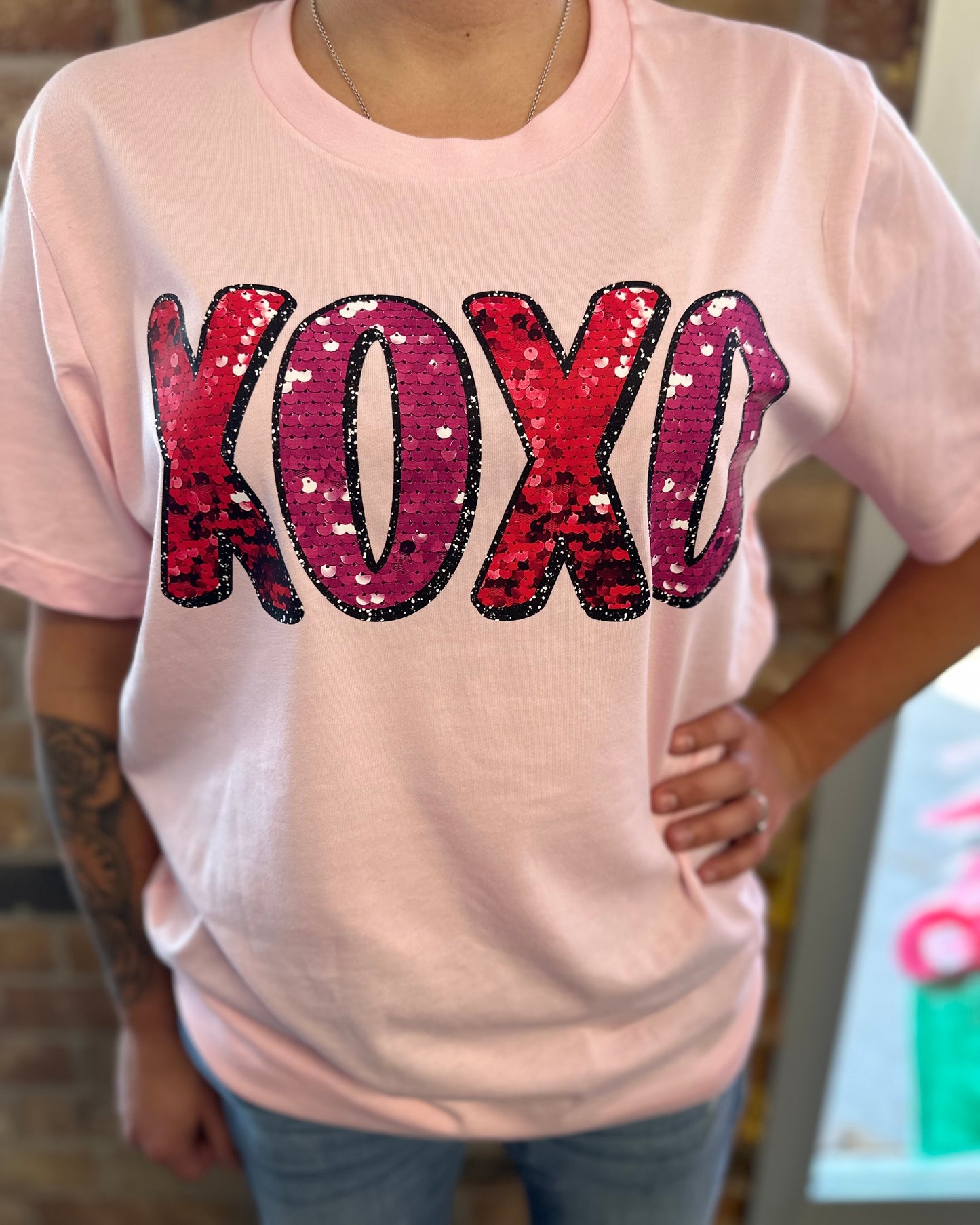 XOXO Valentine Faux Sequins DTF Printed Gildan T-shirt Retail