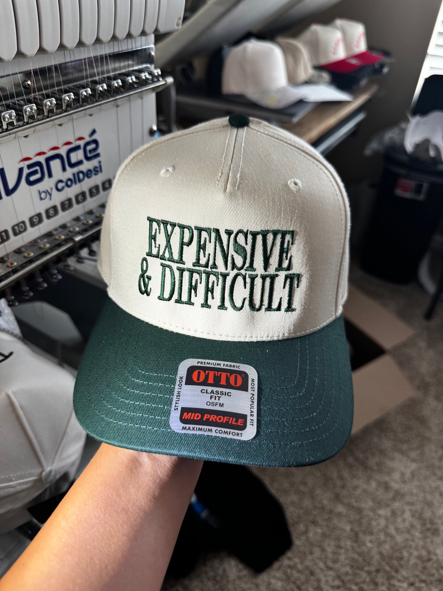 Expensive and Difficult Dark grren/natural Embroidered Trucker Hat structured hat WHOLESALE