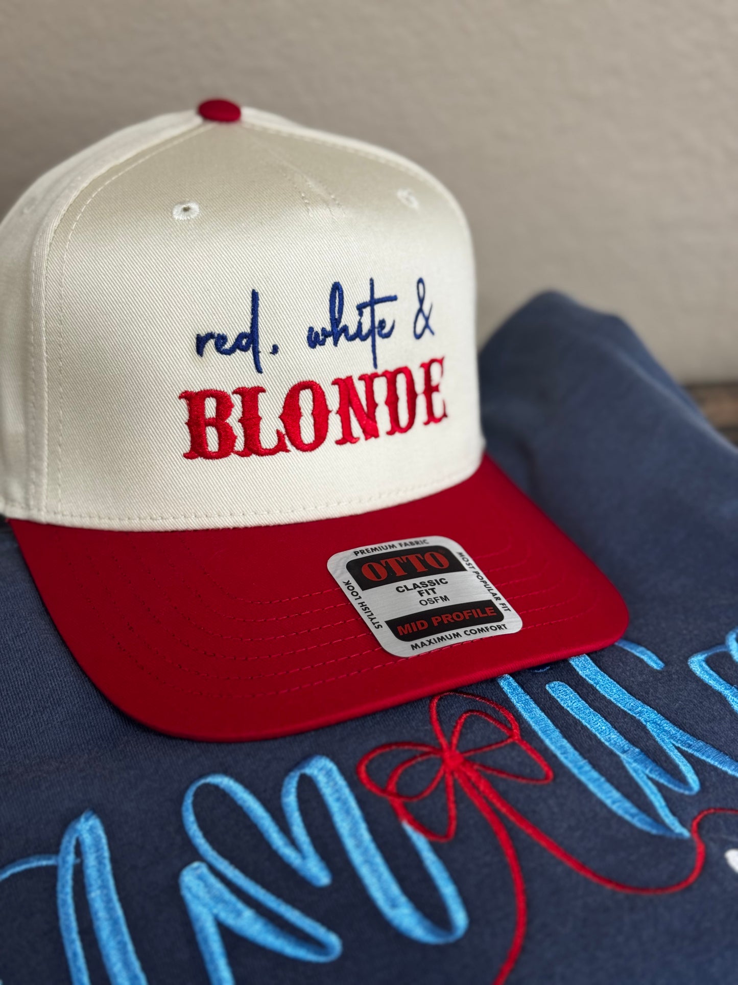 Red White and Blonde or Brunette Patriotic 4th of July Embroidered Hat