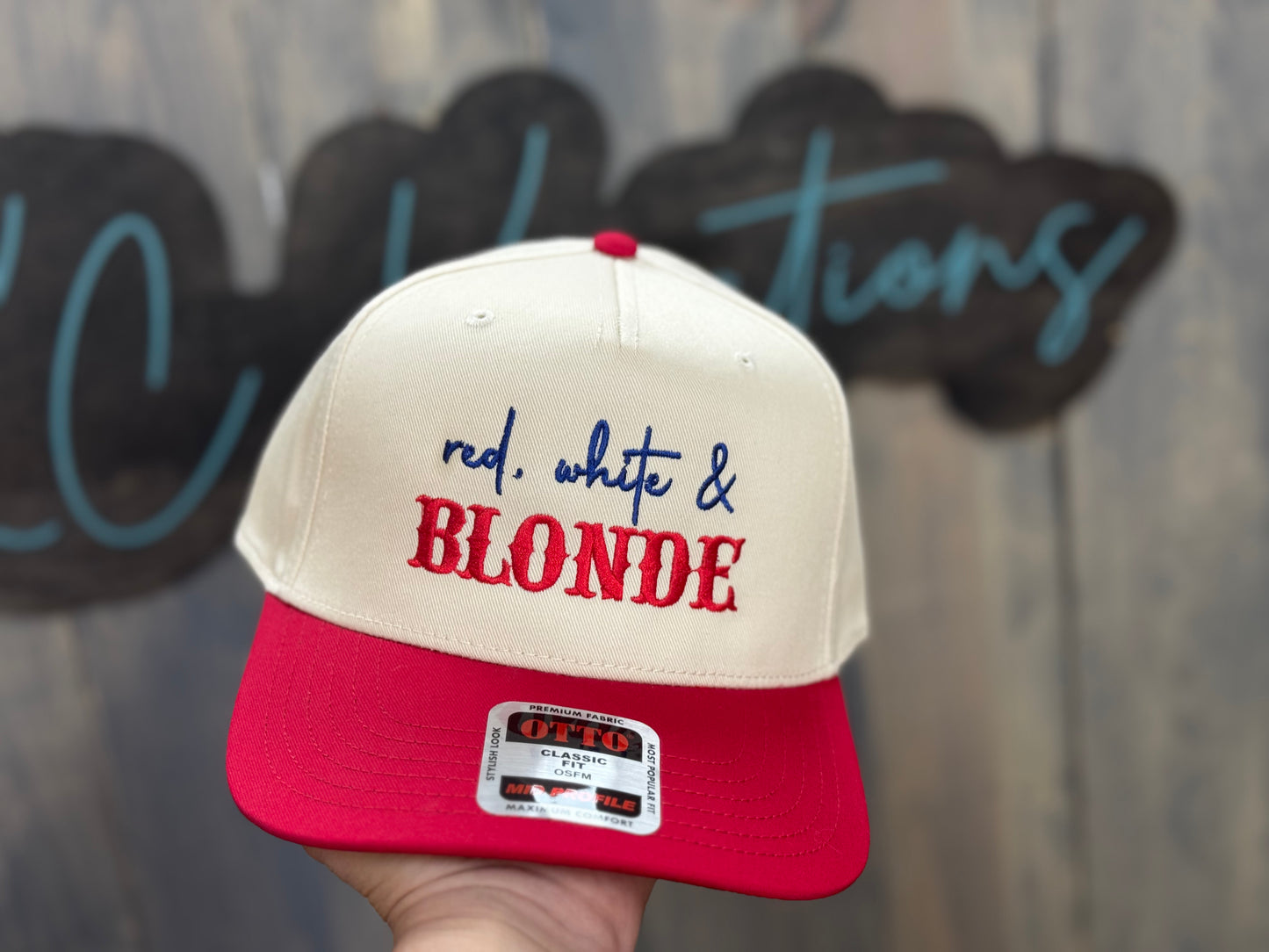 Red White and Blonde or Brunette Patriotic 4th of July Embroidered Hat