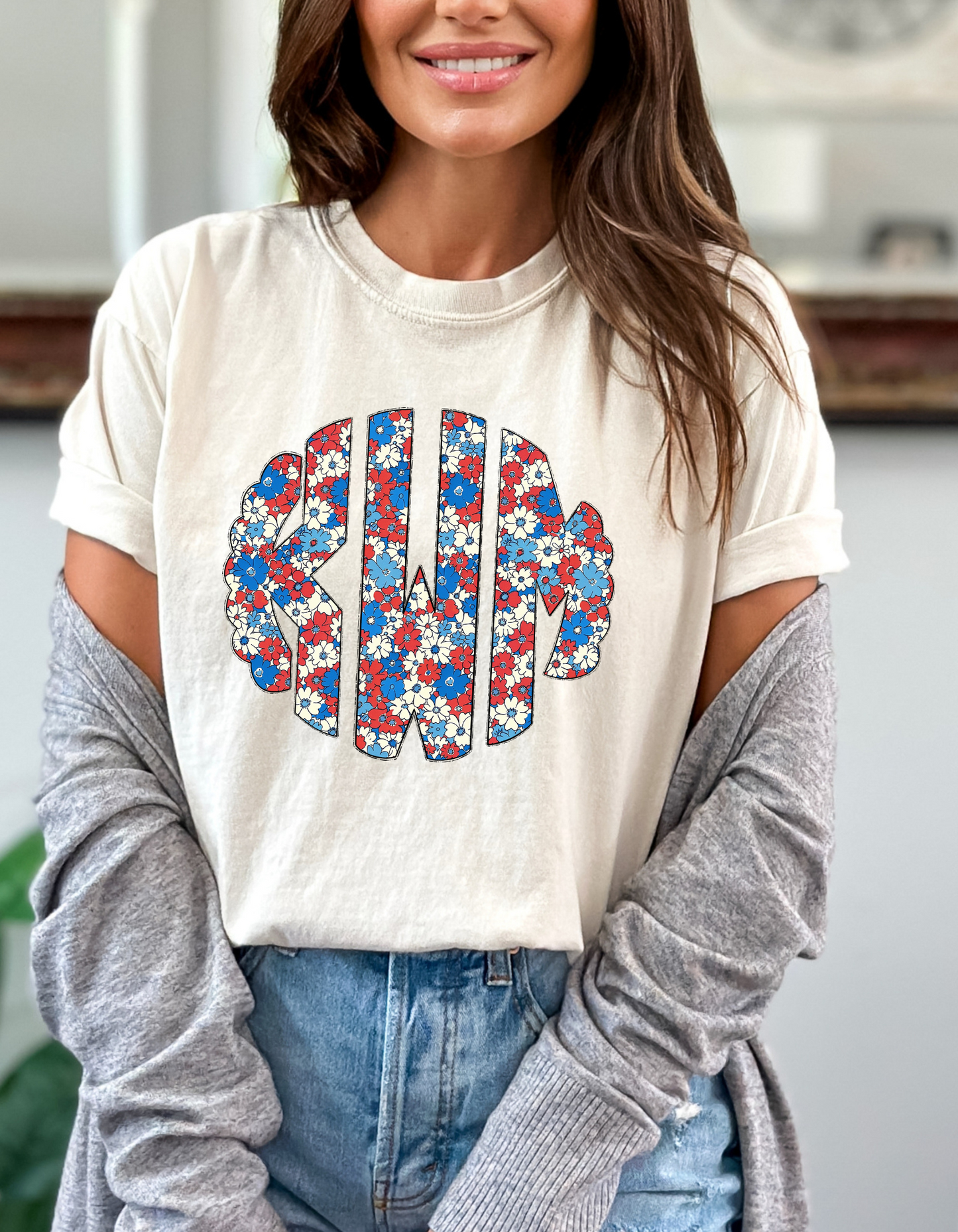 Red, White and Blue Floral Monogram DTF or Sublimation transfer