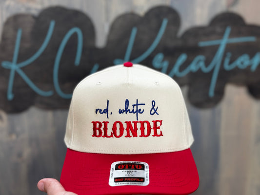 Red White and Blonde or Brunette Patriotic 4th of July Embroidered Hat