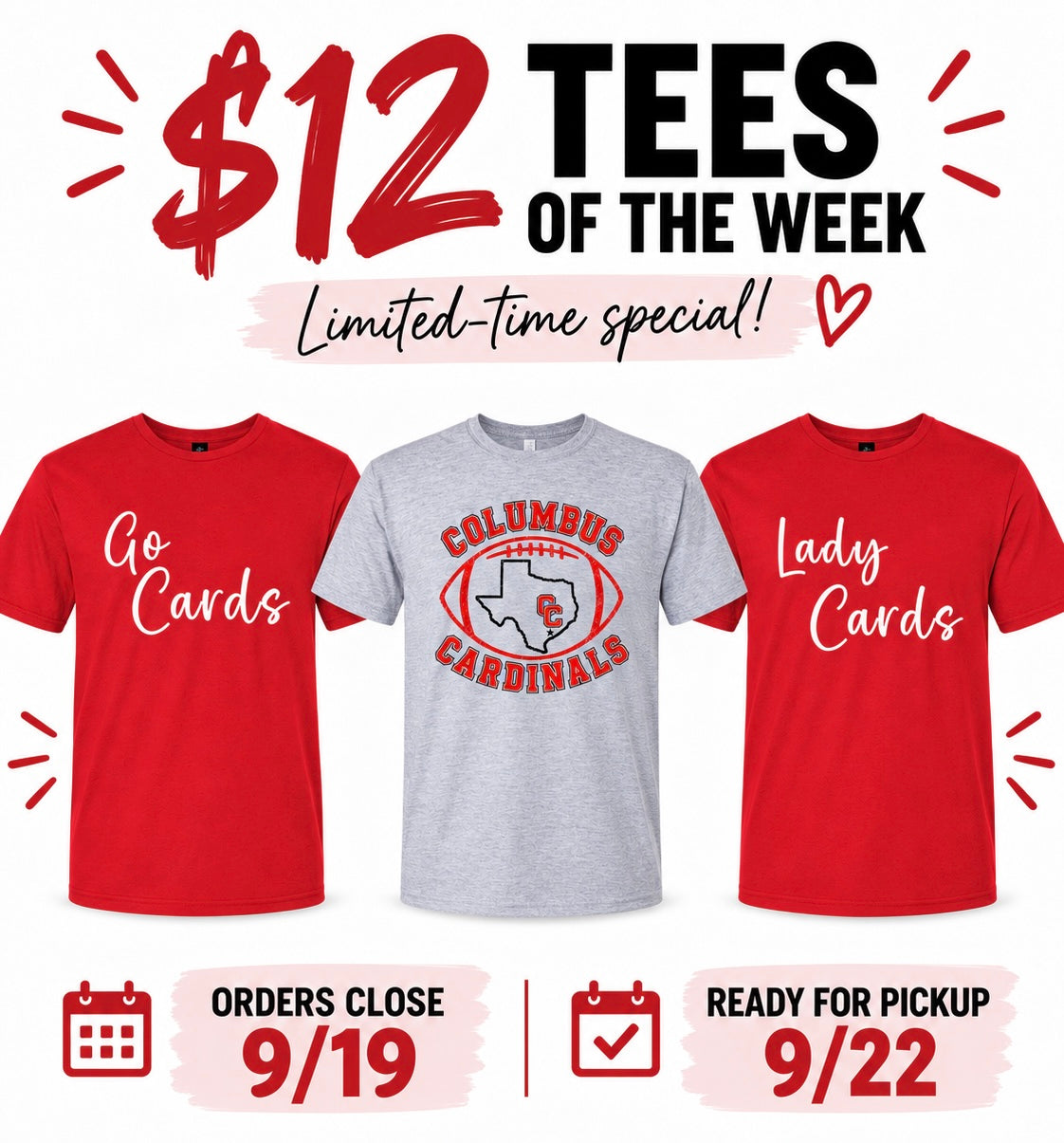 $12 Tee of the week. Orders close 9/19 and will be ready for pick up 9/22