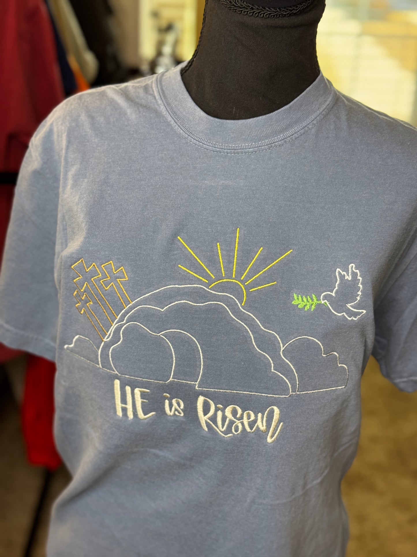 He is Risen multi color thread Comfort Color Embroidered T-Shirt