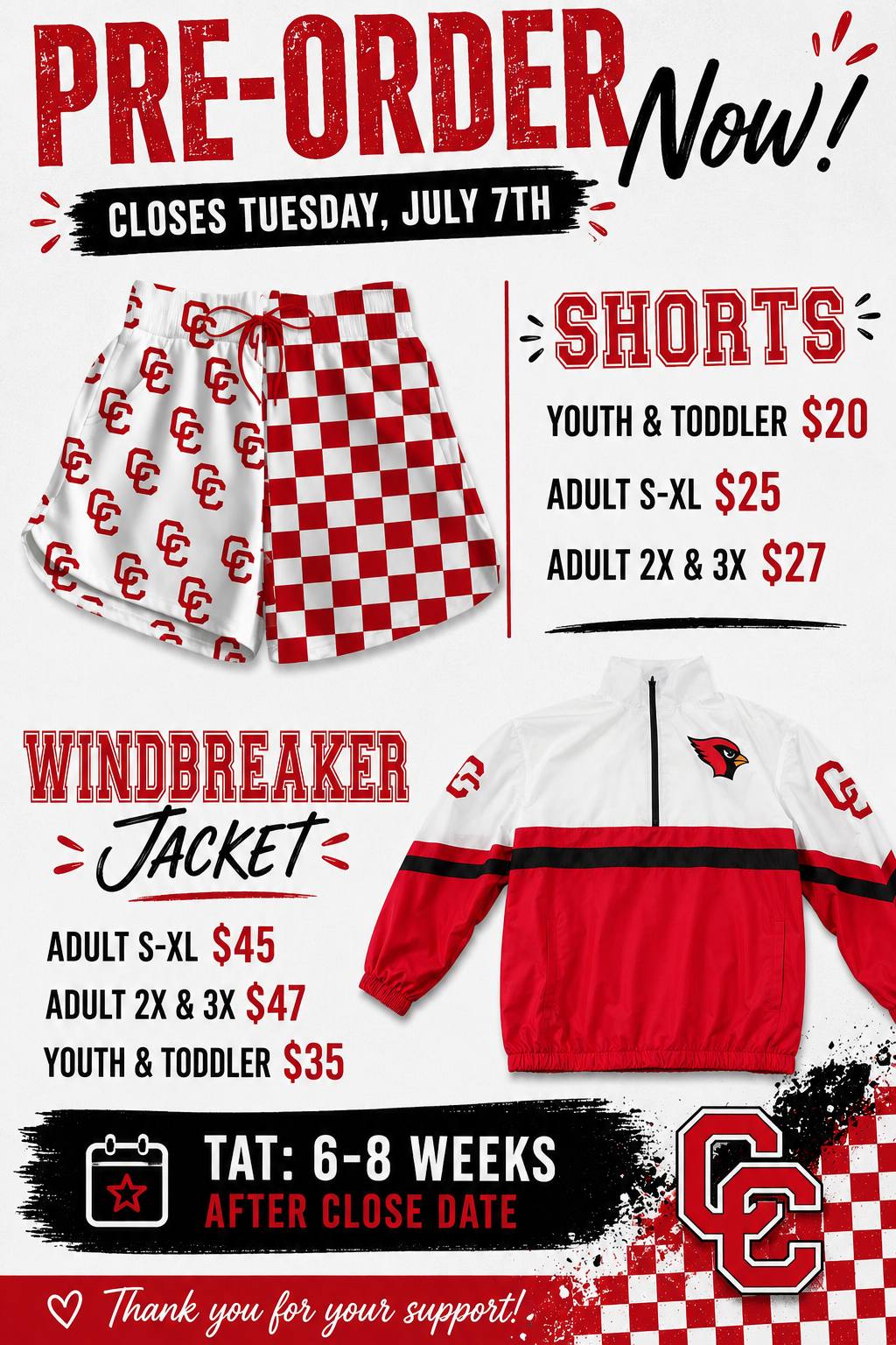 PRE-ORDER TAT6-8 weeks closing July 7th Columbus Cardinals Windbreaker & Shorts Set (yoga material)