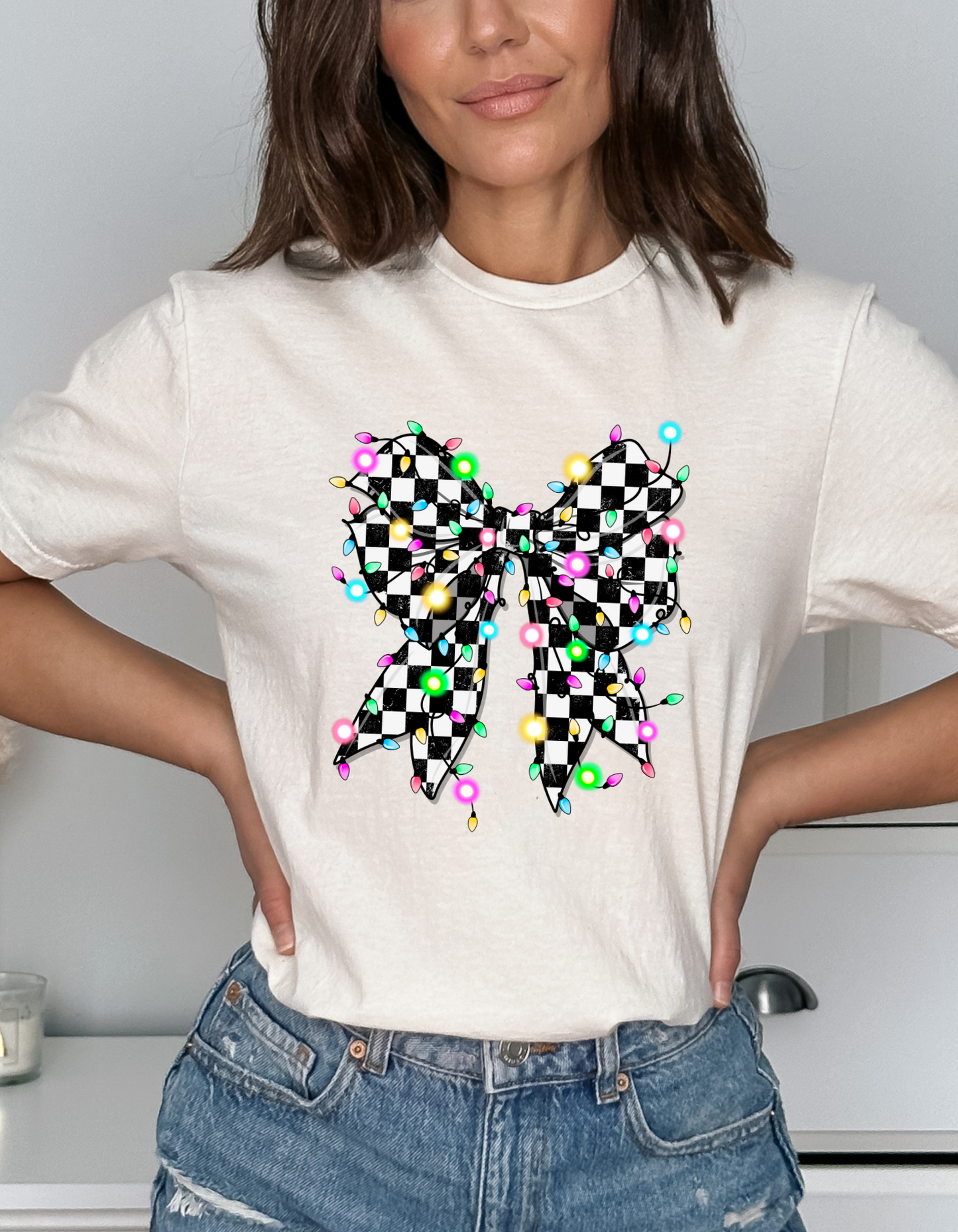 Checkered Christmas Lights Bow DTF and Sublimation Transfer